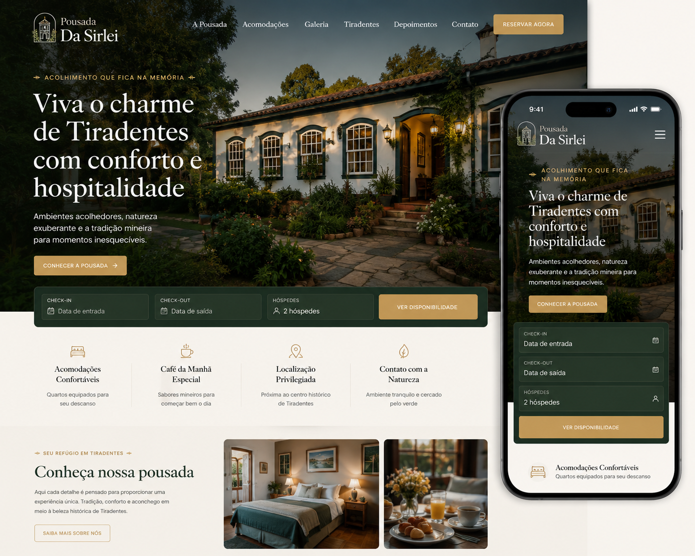 Exemplo de site para pousada exibido em laptop e celular — design sofisticado e responsivo