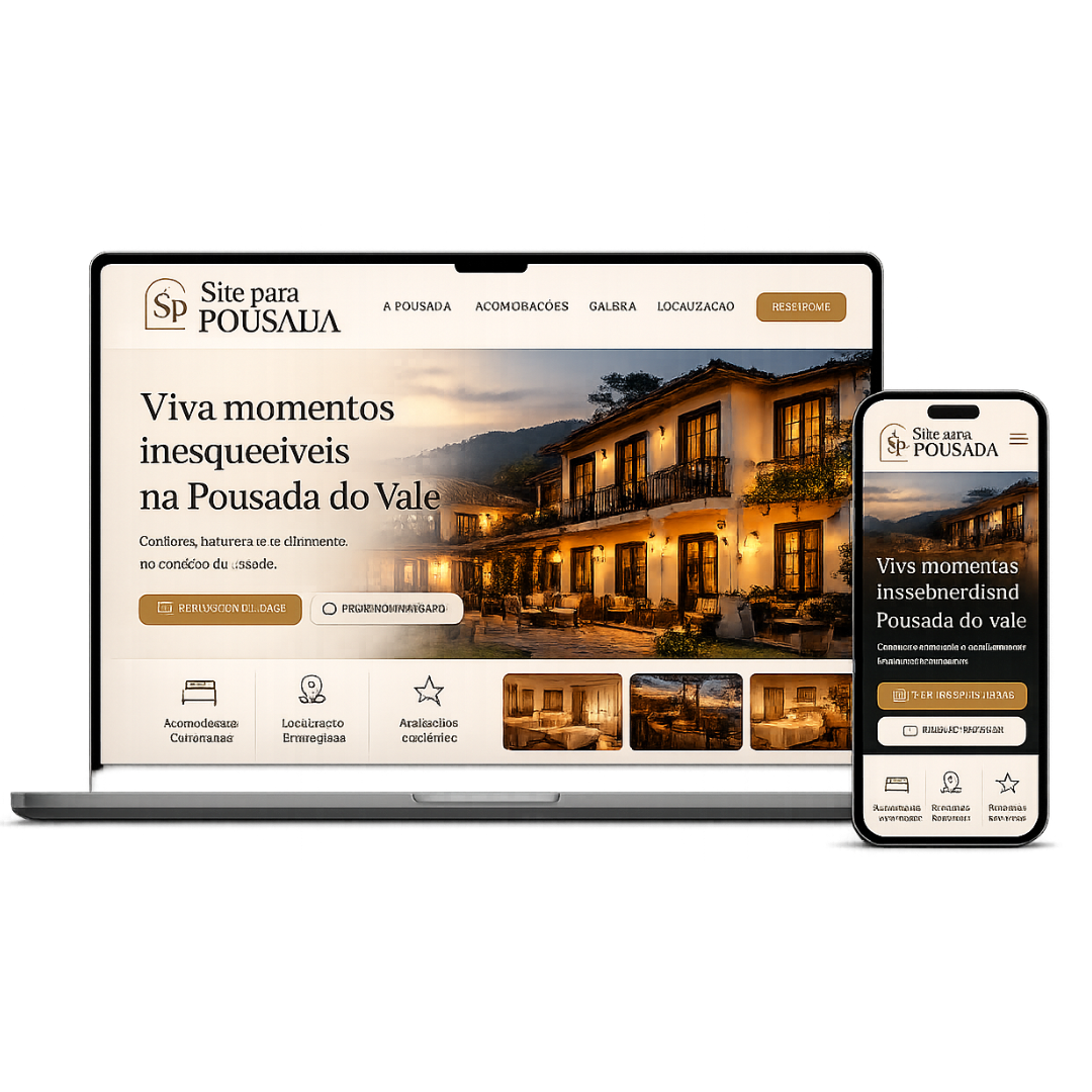 Site profissional para pousada — visualização em laptop e celular mostrando design premium
